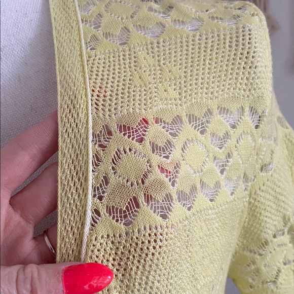 Anthropologie Knitted & Knotted yellow crochet tie front sweater shirt sleeve S - Picture 3 of 15